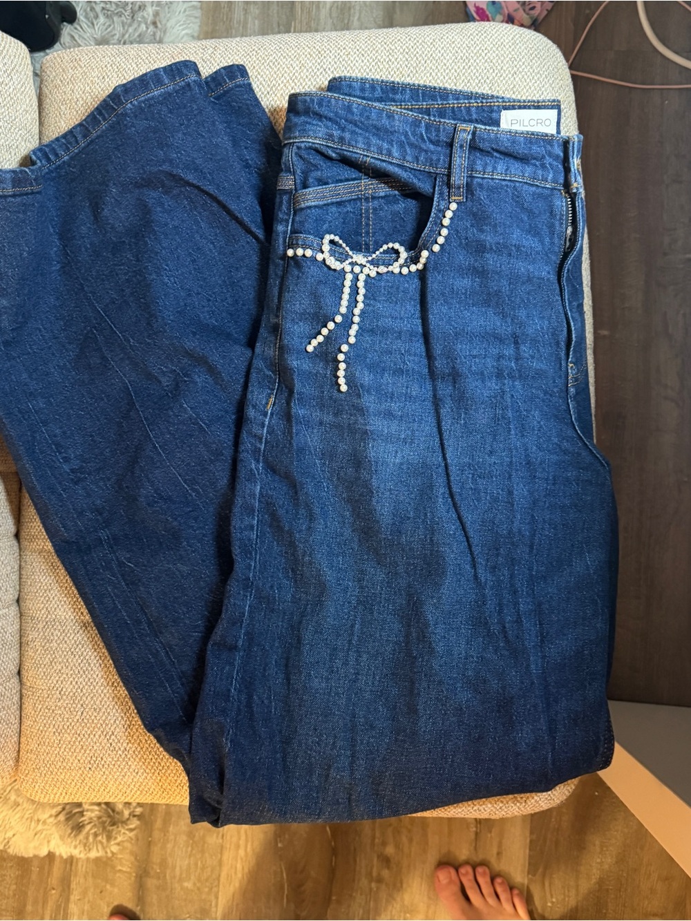 Anthropologie Pearl-Embellished Low-Rise Wide-Leg Jeans by Pilcro in Blue - Picture 4 of 5
